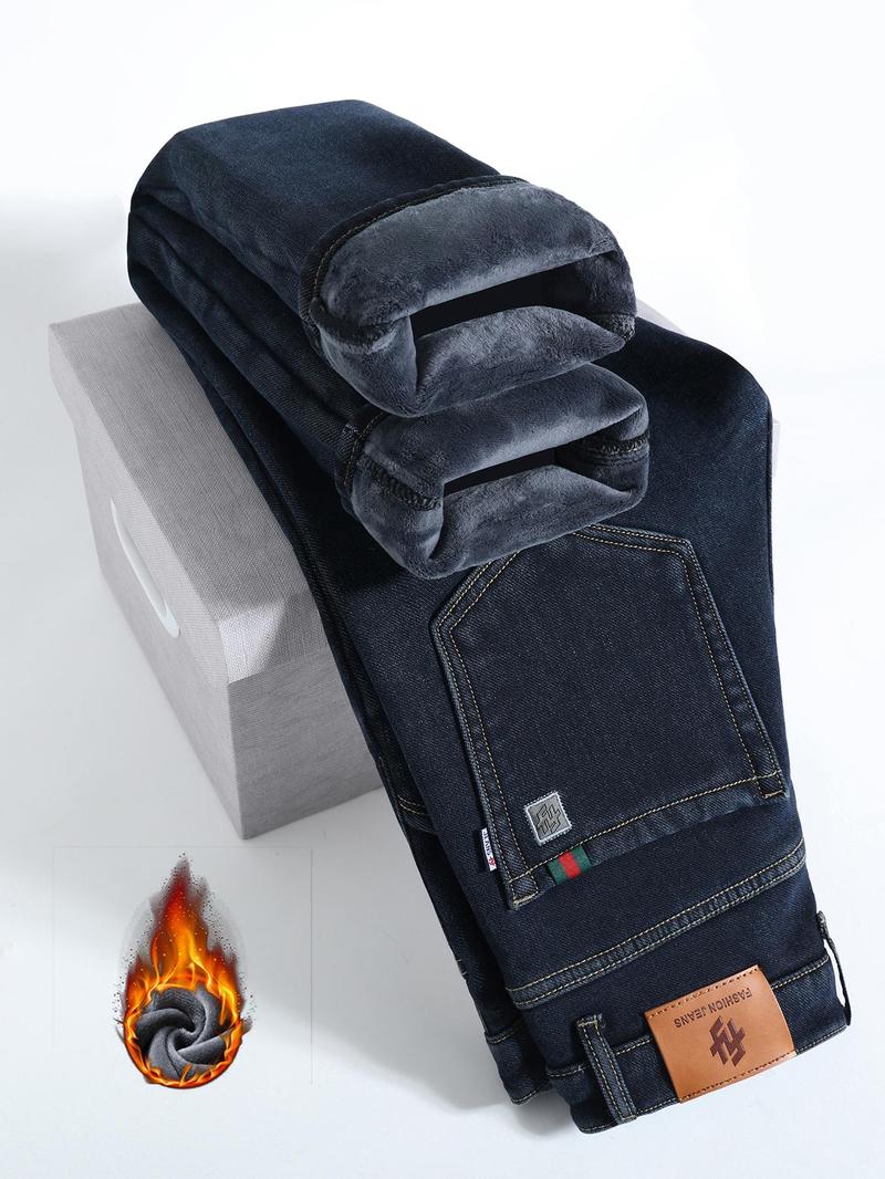 Men's Fleece Lined Denim Jeans, Loose Straight Leg Long Pants, Warm Cotton Elastic Autumn Winter Fashion, Versatile Casual Wear, Denim Clothing