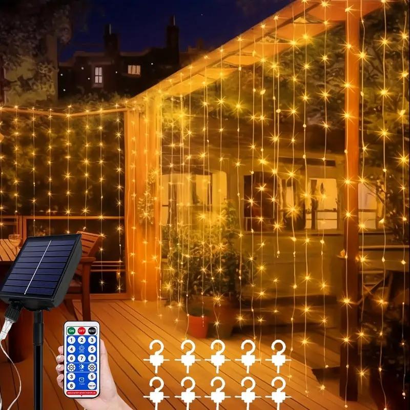 Solar Powered LED Curtain Light with Remote Control, 8 Light Modes Decorative String Light with Timer & Hook, Outdoor LED Decorative Light for Garden, Yard, Party, Wedding