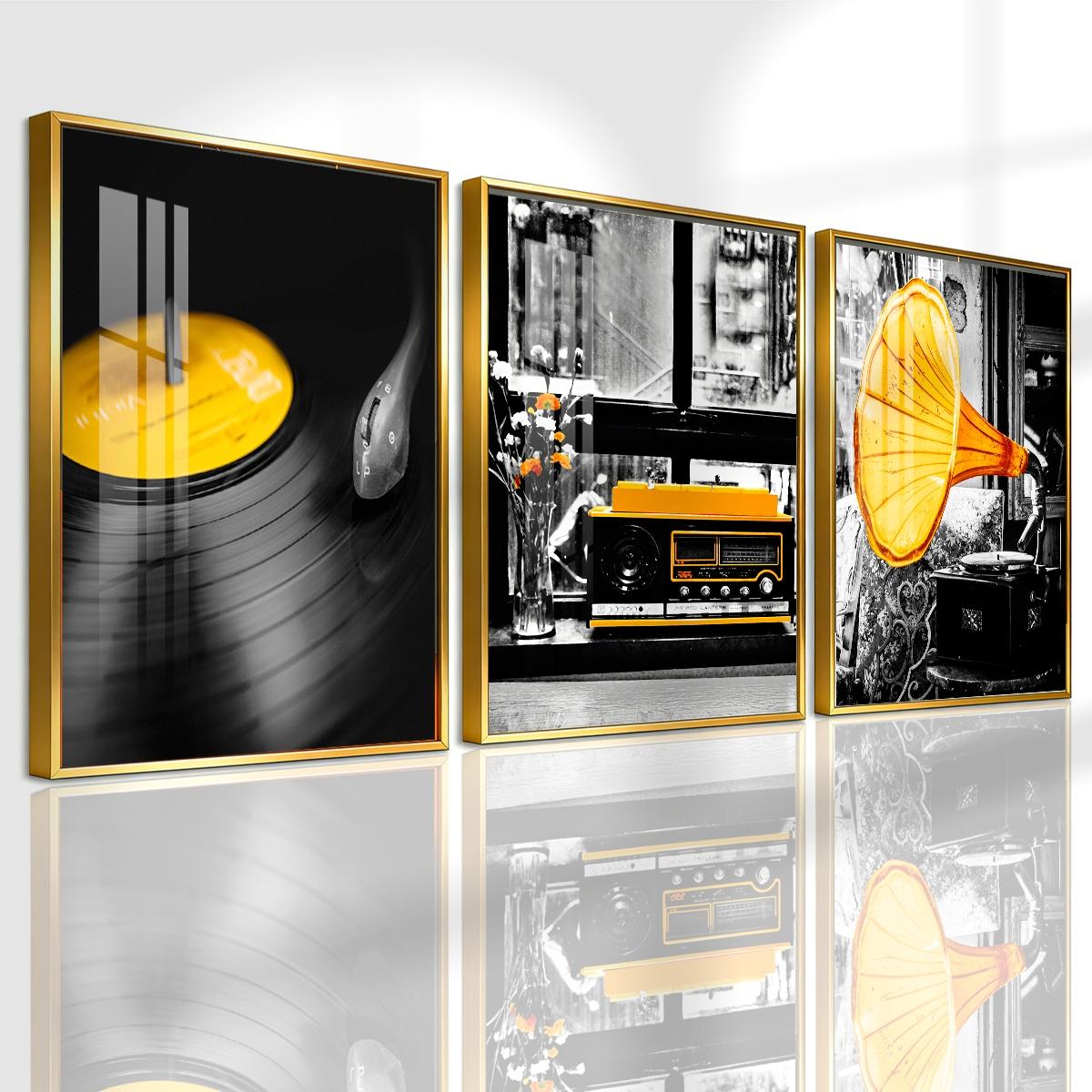 3 Counts Aluminum Alloy Framed Painting, Retro Vinyl Record Radio And Gramophone Pictures, Home Decoration For Living Room, Bedroom, Office, Restaurant, Hallway Wall Decor, Odorless Print Artwork, Luxury Perfect Gift For Friends And Family