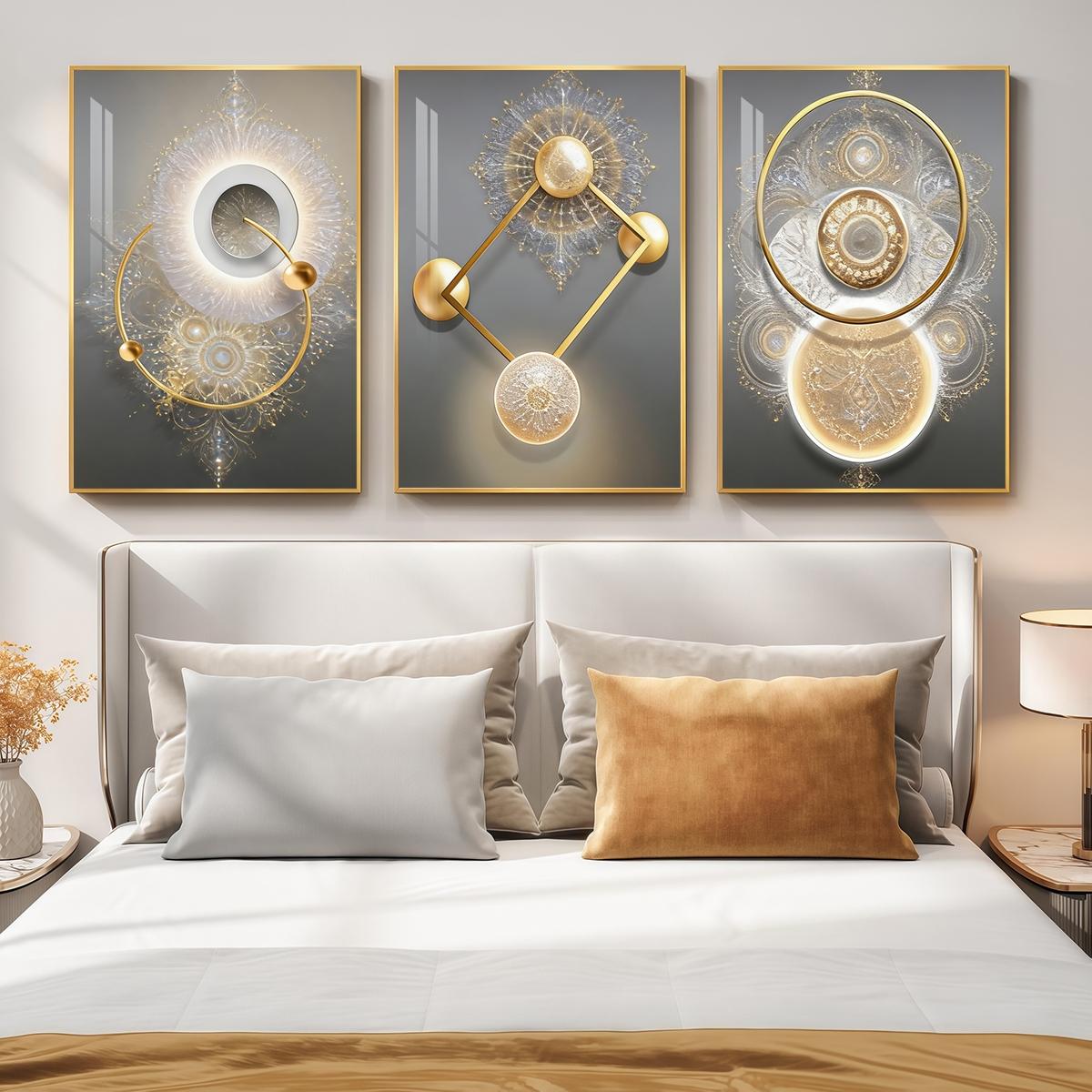 3 Counts Aluminum Alloy Framed Painting, Golden Abstract Geometry Light Art, Home Decoration For Living Room, Bedroom, Office, Restaurant, Hallway Wall Decor, Odorless Print Artwork, Luxury Perfect Gift For Friends And Family