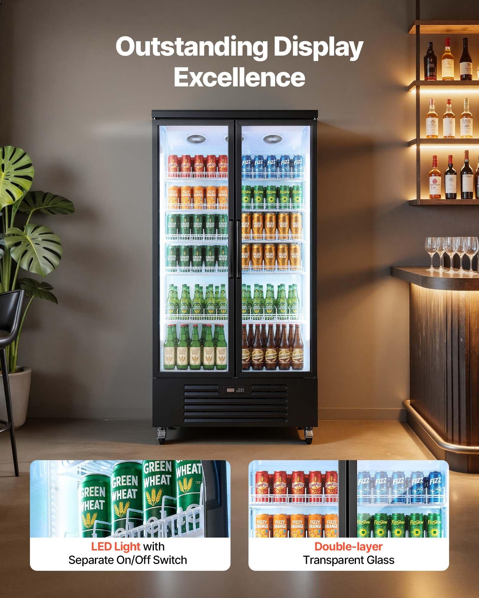 VEVOR Commercial Merchandiser Refrigerator - 24.9 Cu. Ft/705L Upright Beverage Cooler with Glass Doors, 5 Adjustable Shelves, Soft LEDs, Casters, Upright Freezer for Bars, Supermarkets