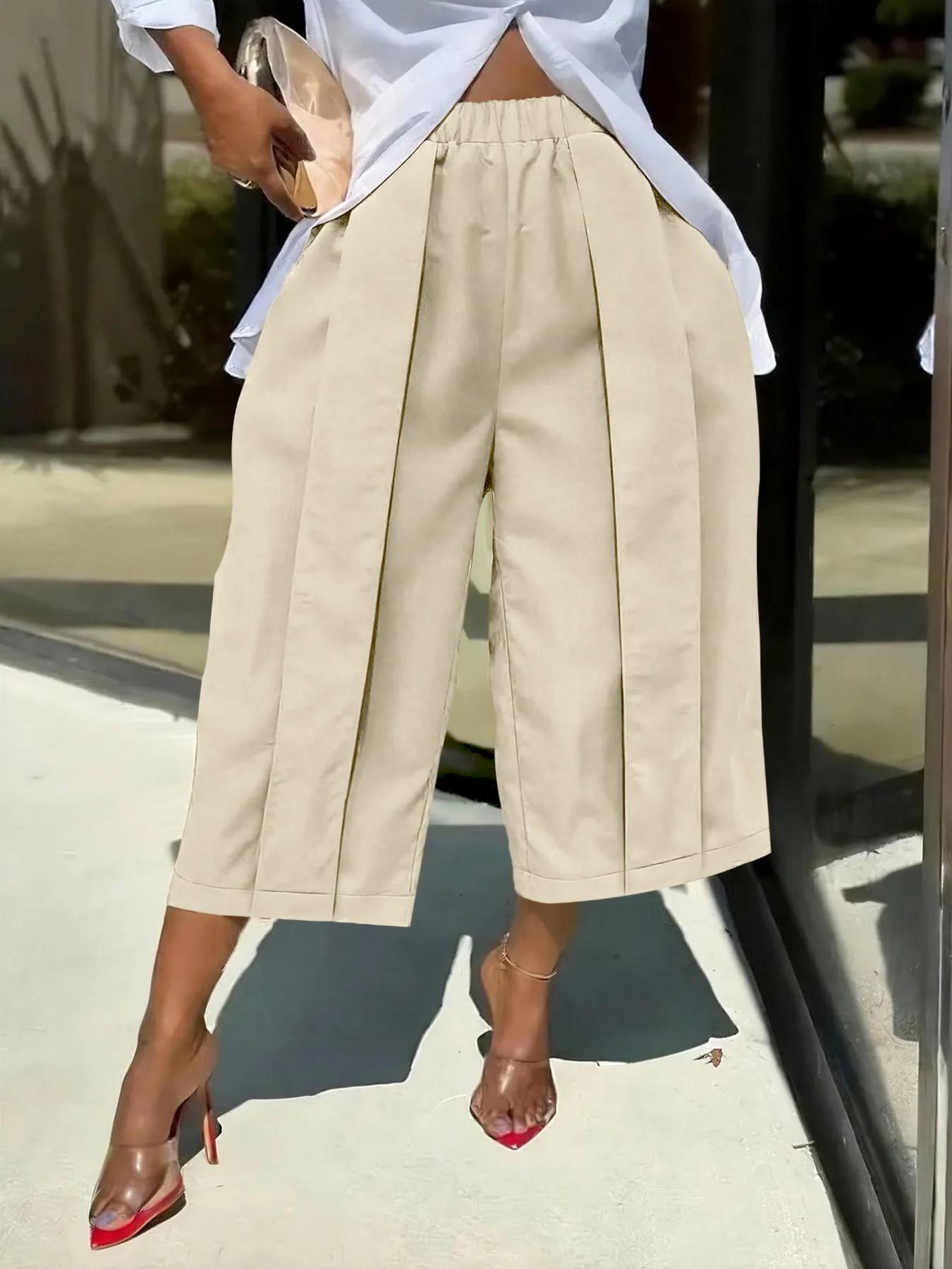 Women's Wide Leg Seven-Quarter Pants Bottom, Summer New Arrival, Elastic Waist, Pleated Slim Fit, Casual Camouflage Workwear