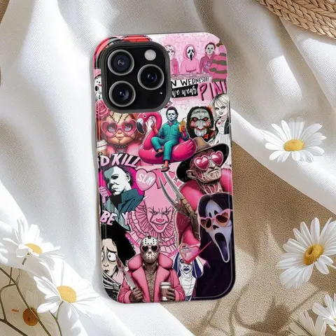 Horror Character Spooky Pink Halloween Vibe Scary Movie Tough Phone Case – Perfect Fans Gift Shockproof Protection for iPhone 16/15/14/13/12/11/17 18ProMax Plus for Samsung phones, an excellent choice for Halloween, Christmas and Thanksgiving.