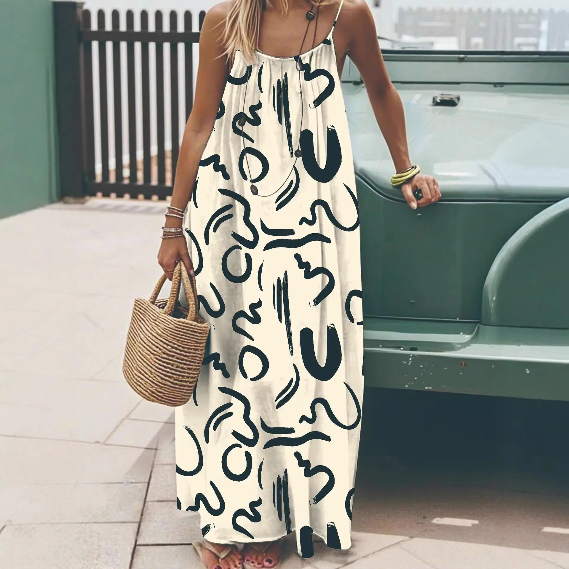 Casual Suspender Large Backless Loose Dress Beach long cami Dress Large Size Women's Summer