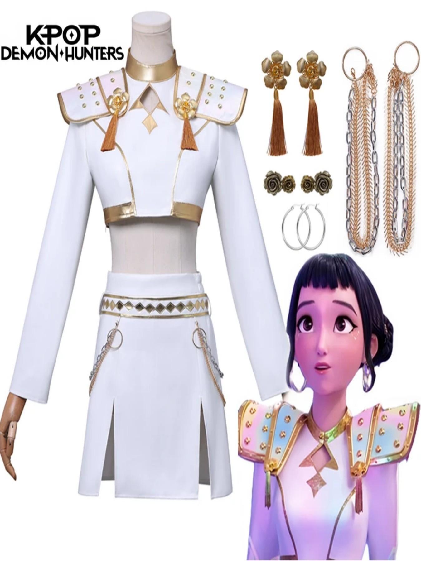 Kpop Demon Hunter Zoey Cosplay Costume Wig Huntrix Zoey White Suit Korean Wave Superstar Idol Performance Set Halloween Carnival