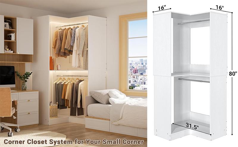 80'' Height Freestanding Wood Closet System, DIY Reversible Stand-alone Wardrobe Walk-in Closet Garment Organizer with Hanging Rod and Drawers, White