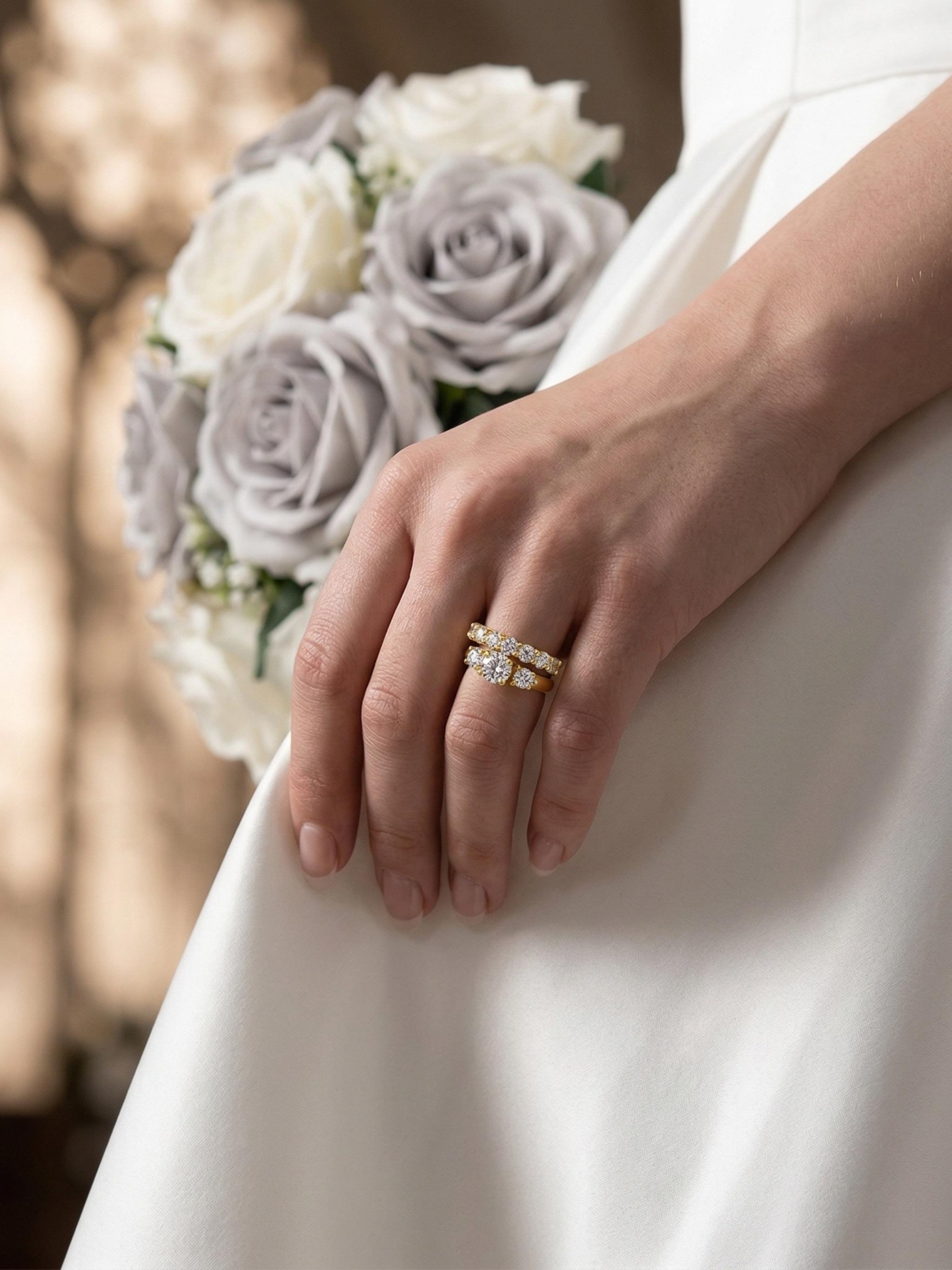 1ct Moissanite Ring Set, Classic Women's Wedding Band, 3-Stone Stackable, 18k, Hypoallergenic, Engagement Anniversary Gift