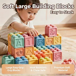 Soft Gel Stacking Blocks, Large Pieces, Safe Chewable & Boilable, Infant Grip Training Toy, Educational Creative Building Playset for Kids, Building Block Sets