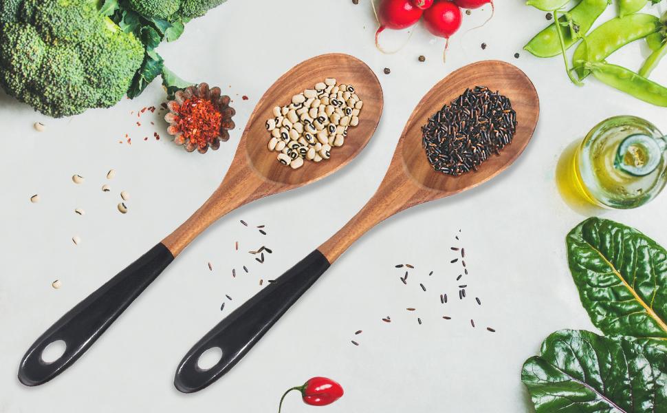 2 Pcs Large Wooden Spoons for Cooking Serving Mixing Kitchen Spoon Big Acacia Wood Utensils Set Teak Spatula Cooking Spoon Set Bamboo Baking Spoons Non Toxic Kitchen Tools Cooking Accessories