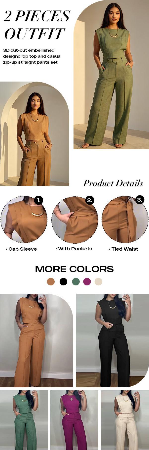 ChicMe Women's 2 Piece Set - Crop Top and Pocket Pants Outfit, Casual Round Neck Cap Sleeve Two Piece Set