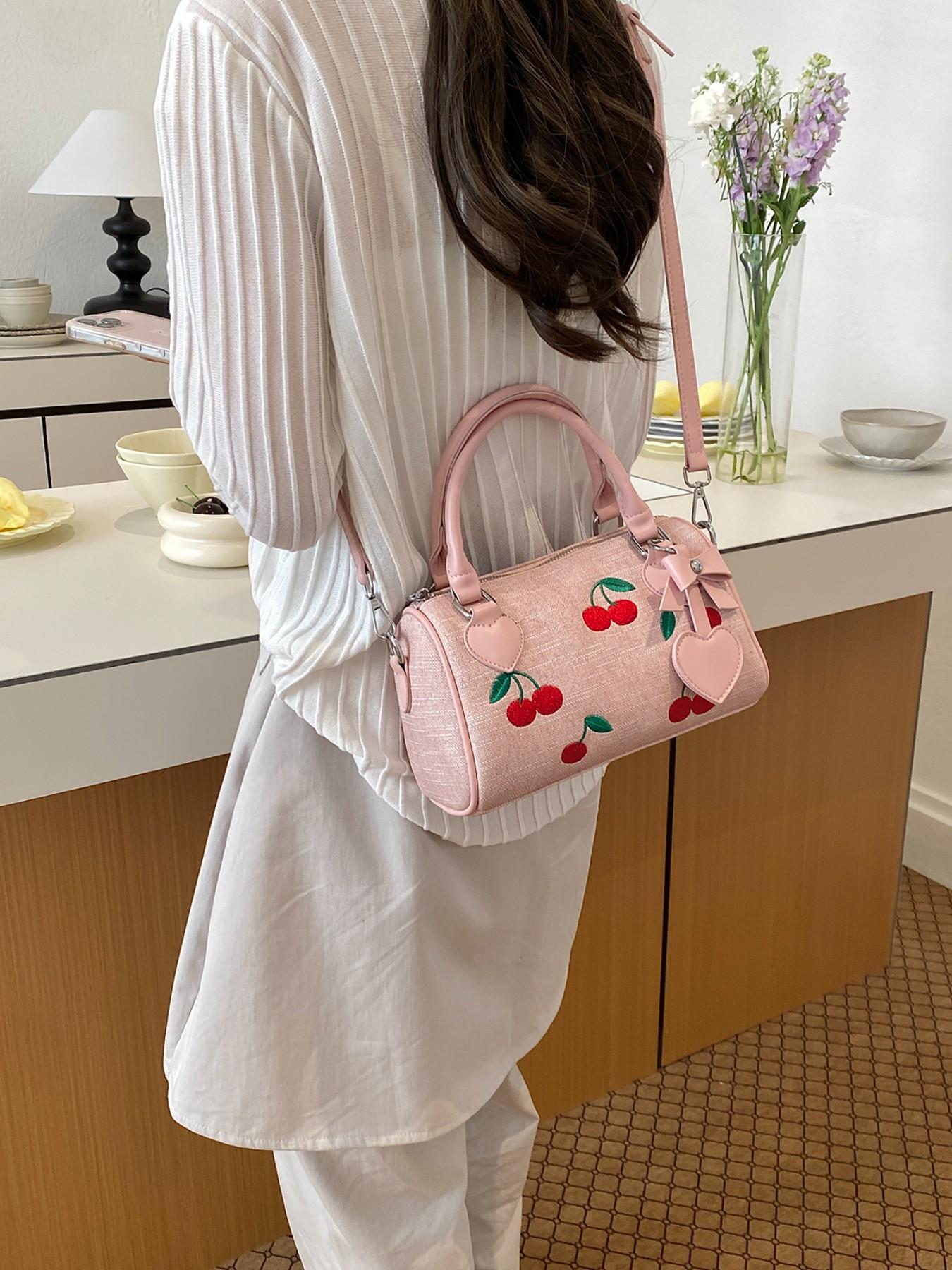 Sweet Cherry Boston Bag for Women, 2026 New Handbag, Cute Pillow Bag, Fashion Commute, Heart Charm, Full Cherry Print, PU Material