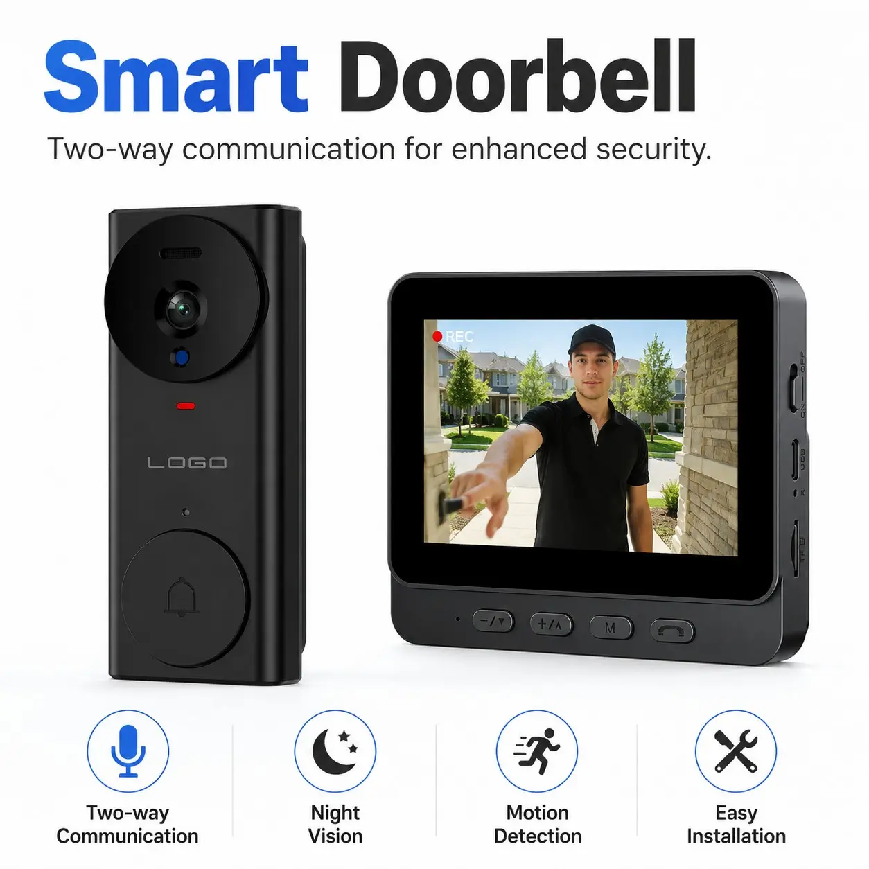 Wireless Screen Video Doorbell Camera, No WiFi, No APP Required, Two-Way Intercom, IR Night Vision, Rechargeable Battery, Easy Mount