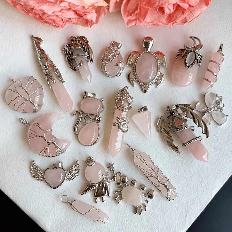 5Pcs Natural Rose Quartz Pendant Charm Set, DIY Handmade Gift, Assorted Styles and Shapes Including Moon, Cat, Heart, and Butterfly, Suitable for DIY Jewelry Accessories. Rose Quartz Symbolizes Faithful Love, Attracting Romance, Harmonizing Couples