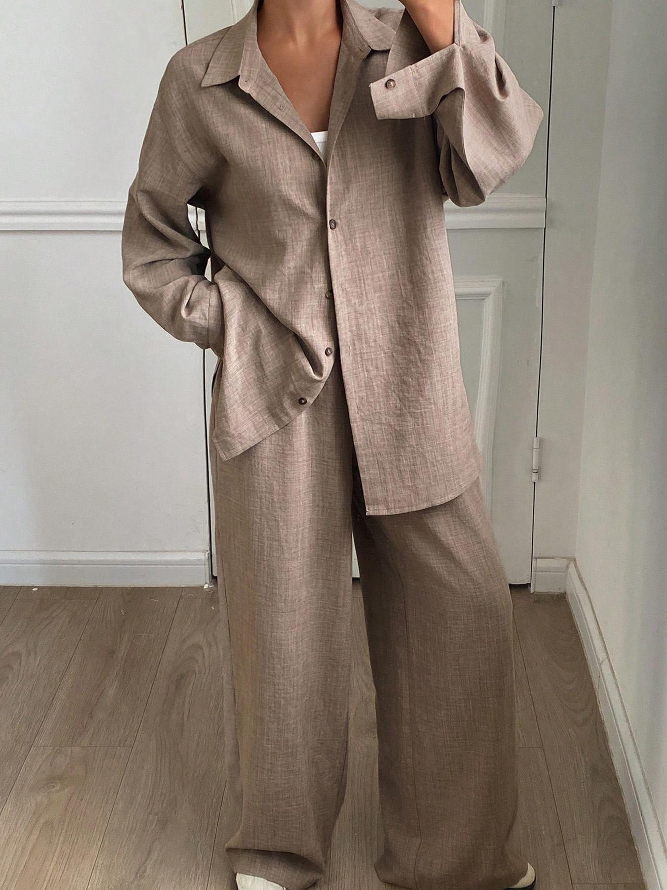 Women's Casual Loose Long Shirt, Comfortable Fall Winter Fabric Top, Simple Design Daily Wear Blouse, Fashion Home Clothes Set