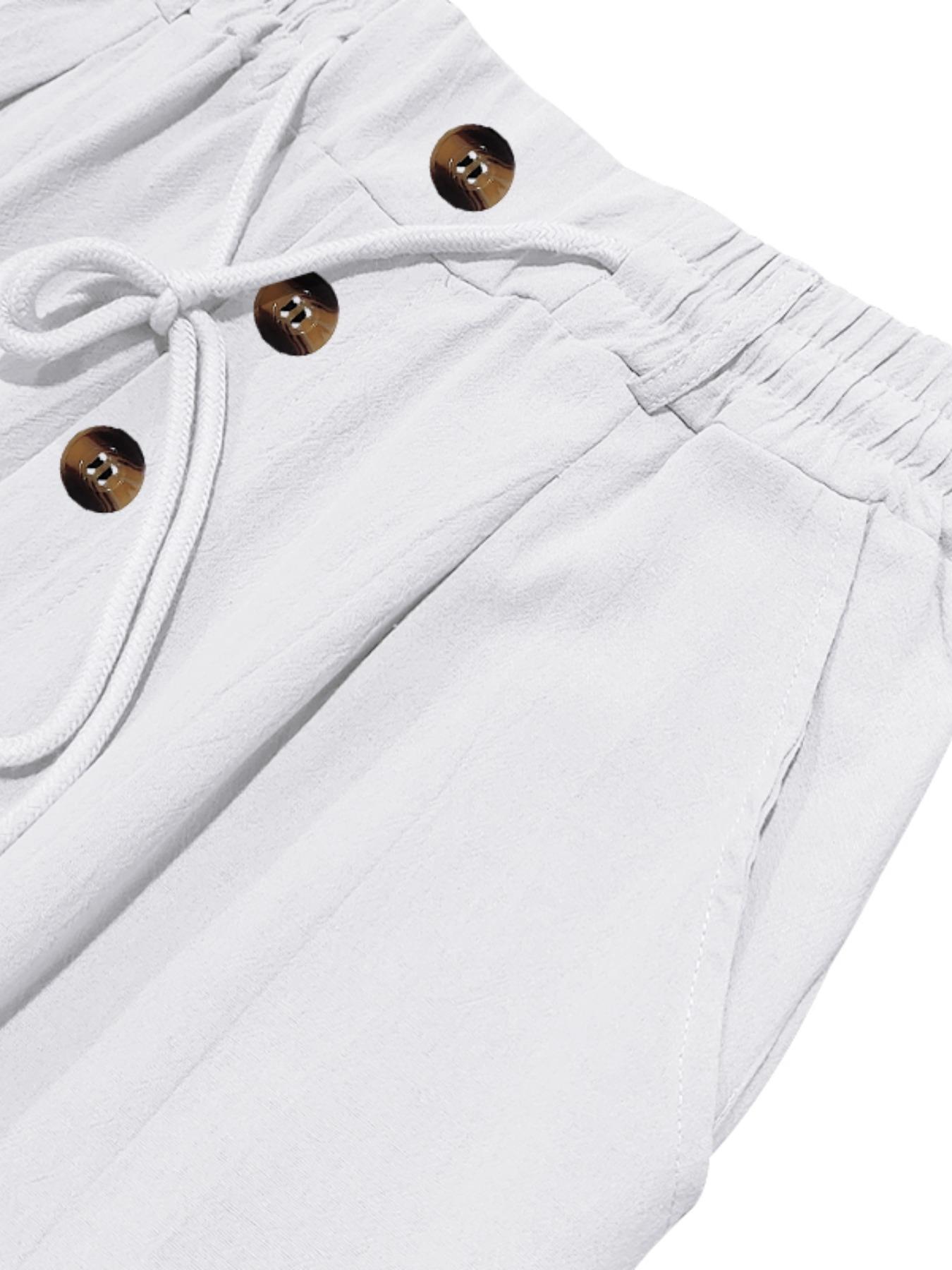 Men's lightweight casual sportswear pants, featuring drawstring and multi-button design, stylish linen woven straight-leg trousers