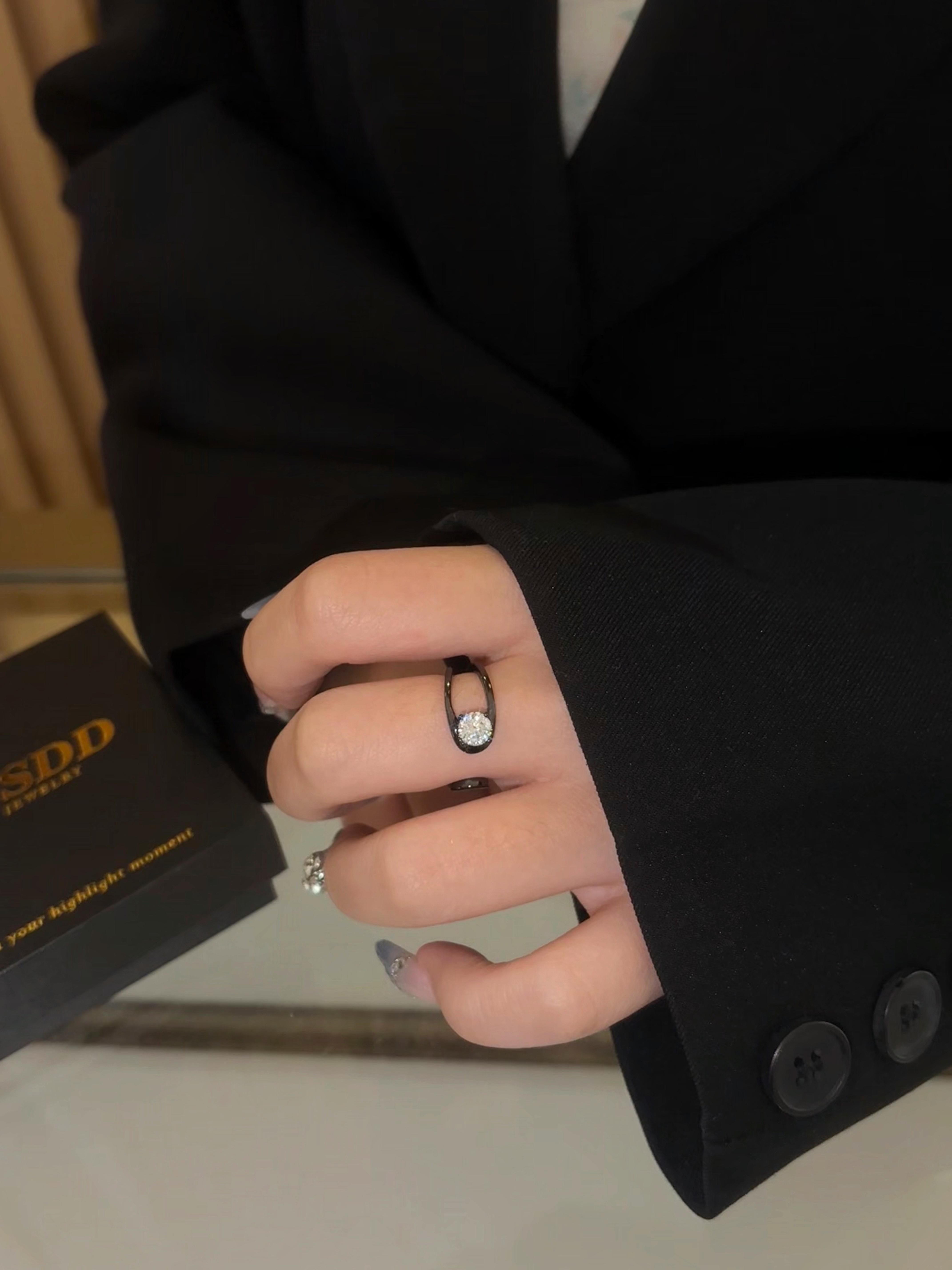 【#384 Dark Glamour】Unique Black Synthetic Moissanite Rings in 925 Sterling Silver 1/2CT