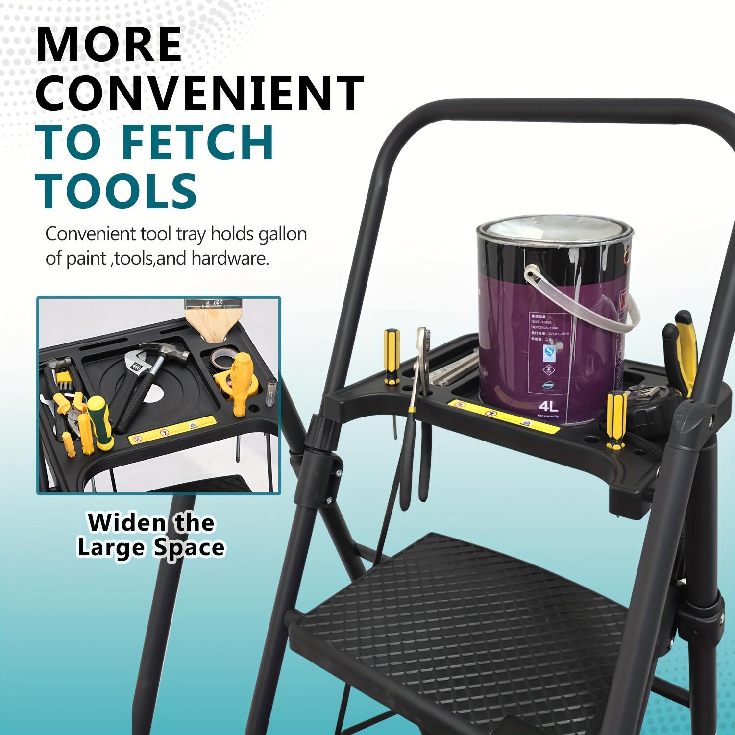 5 Step Ladder with Tool Platform, 900 lbs Sturdy Step Stool with Handrail, Folding Steel Ladder with Wide Pedal, Safety Ladder for Adults Home Outdoor Painting Garage Office  Black Portable