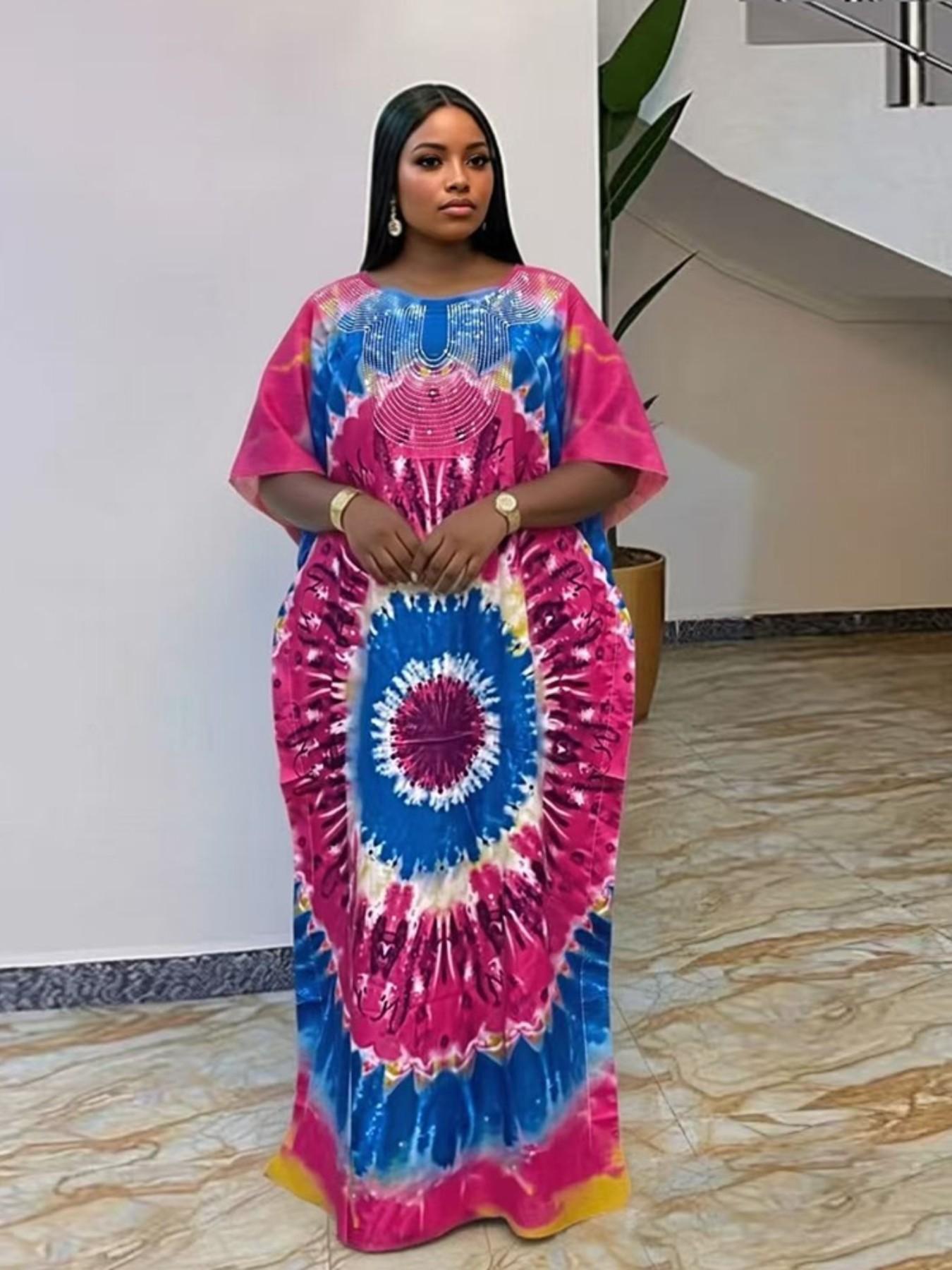 African Tie-Dye Embroidered Boubou Kaftan Long Dress, Traditional Clothing, Casual Daily Wear, Loose Fit, Plus Size, Vacation Style