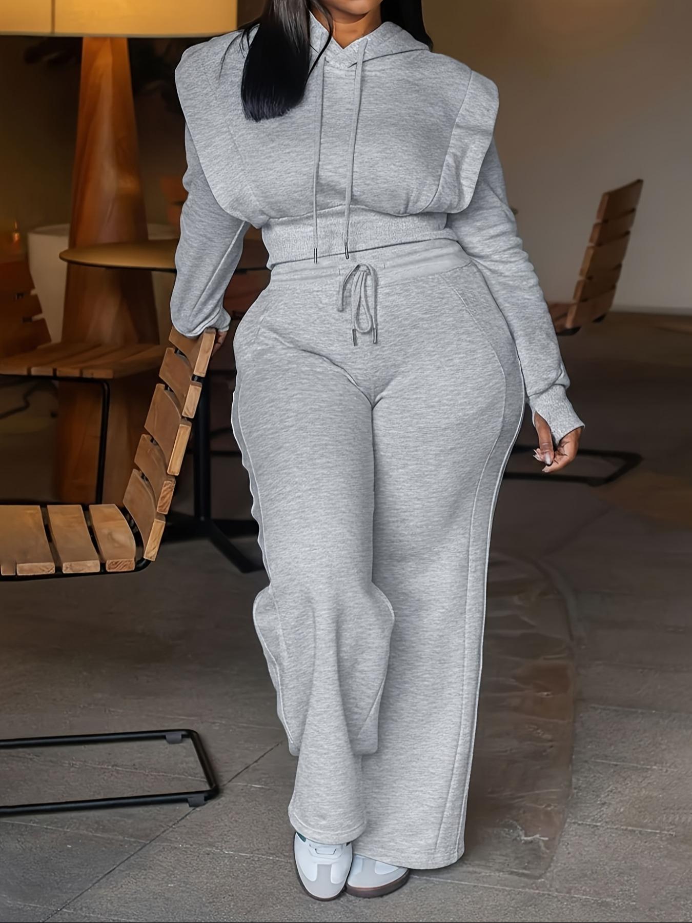 Women's Hooded Sweatshirt Set, Slim-Fitting Waist Cinching Top & Wide Leg Pants, Casual Sportswear for Daily Commute Fall Winter