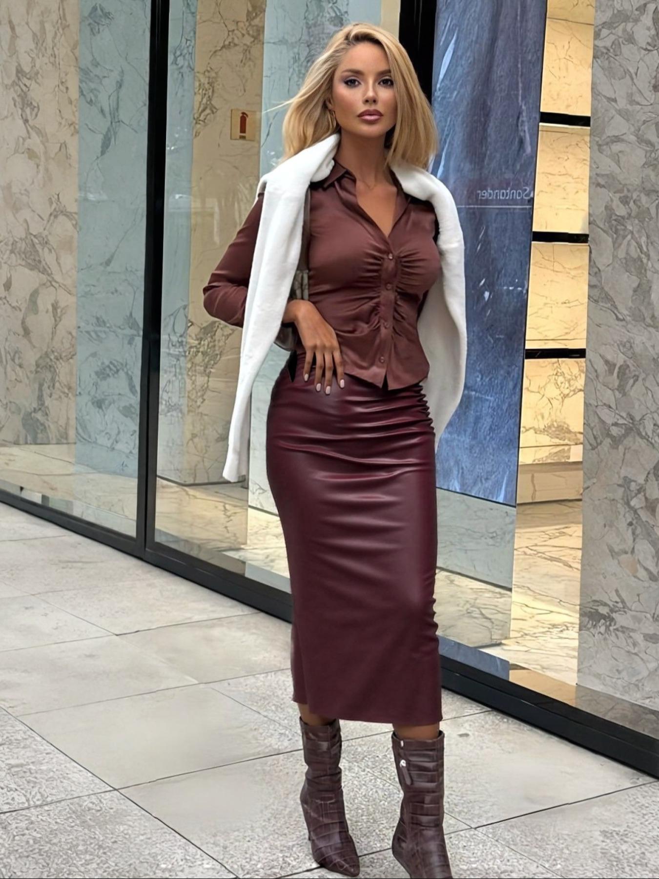 Women's Solid Color PU Leather Skirt, Fashionable Casual Skirt for Daily Outdoor Wear, Ladies Bottoms for All Seasons