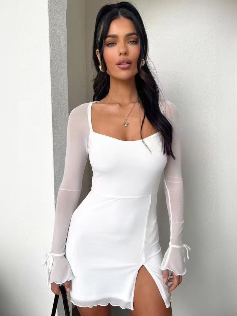 Women's Plain Sheer Bodycon Dress, Elegant Fashion Long Sleeve Short Dress for Party Club Dating Wear, Women Dress