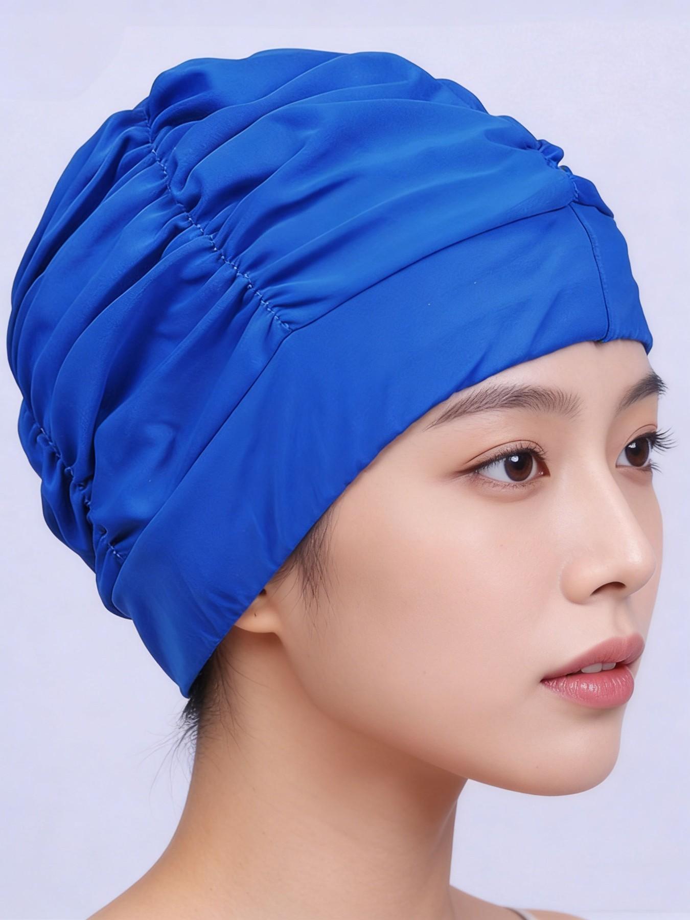 Comfortable Non-Pressing Large Size Long Hair Wrinkle Swim Cap, Solid Color Fabric Swim Cap for Women, Nylon Material Swim Hat