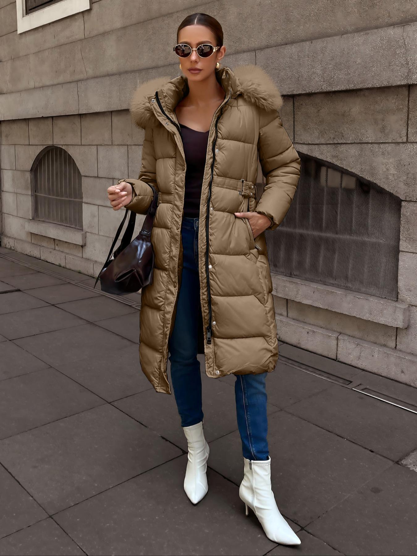 Women's Plus Size Winter Cotton Jacket, Hooded Warm Outdoor Commuter Coat with Fur Collar, Pocket Zipper, Waist Belt, Long Sleeve