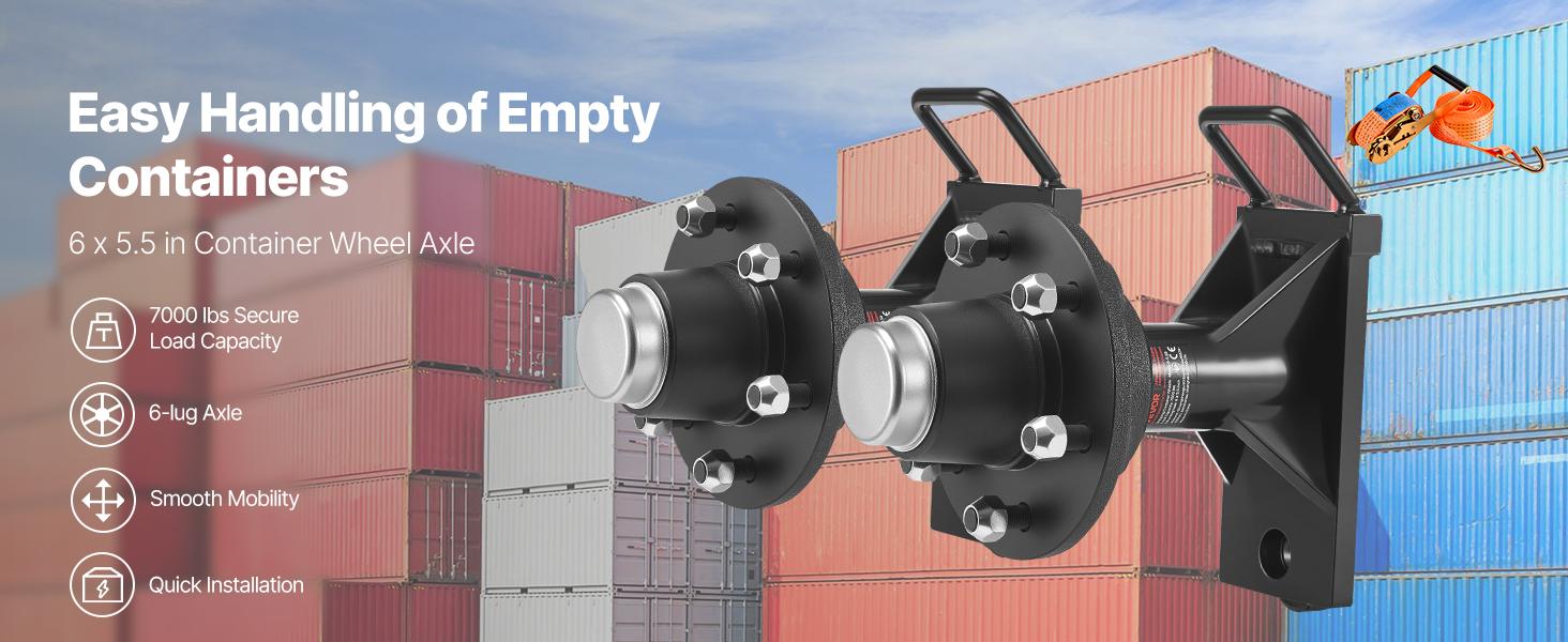 VEVOR Heavy Duty 6-Lug Shipping Container Wheels Kit with Axle, J Hook, Quick Setup, Powder Coated Rust-Proof Ratchet Tie Down, Steel Frame - 7000 lbs Capacity, Moves 20ft-40ft Containers for Warehouse, Construction Site Use, Dock