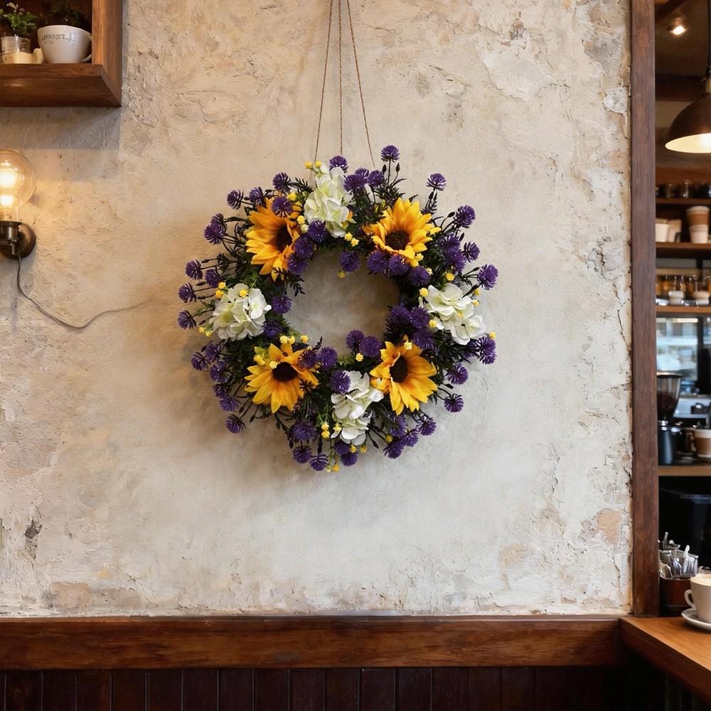 1pc purple yellow flower wreath, sunflower, hydrangea, dandelion simulation flower wreath, home decoration, home decoration, room decoration, bedroom decoration flower wreath, summer and autumn flower wreath, garden, door and window, staircase decor