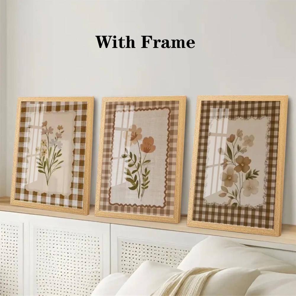 3 Pieces Optional Wooden Frame Nostalgic Wall Poster Classic Rustic Wildflower Art Print Brown Plaid Floral Canvas Painting Art Bedroom Hallway Decor Corridor Entryway Wall Embellishment Physical Photo Frame Adaptable Poster