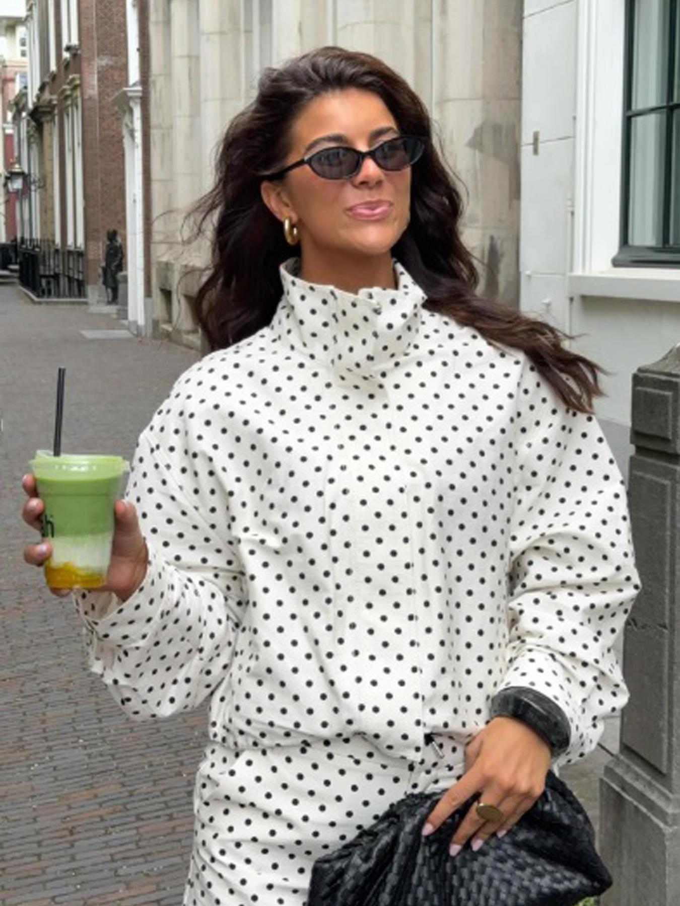 Polka Dot High Neck Women's Spring Jacket Windbreaker Cropped Coat Outdoor Bomber Jackets For Woman Outerwear Streetwear Demi-Season New In Jackets Fashionable Zipper Blue Woman Jackets Polka Dot Casual Jacket Casual Chic Outerwear Womenswear