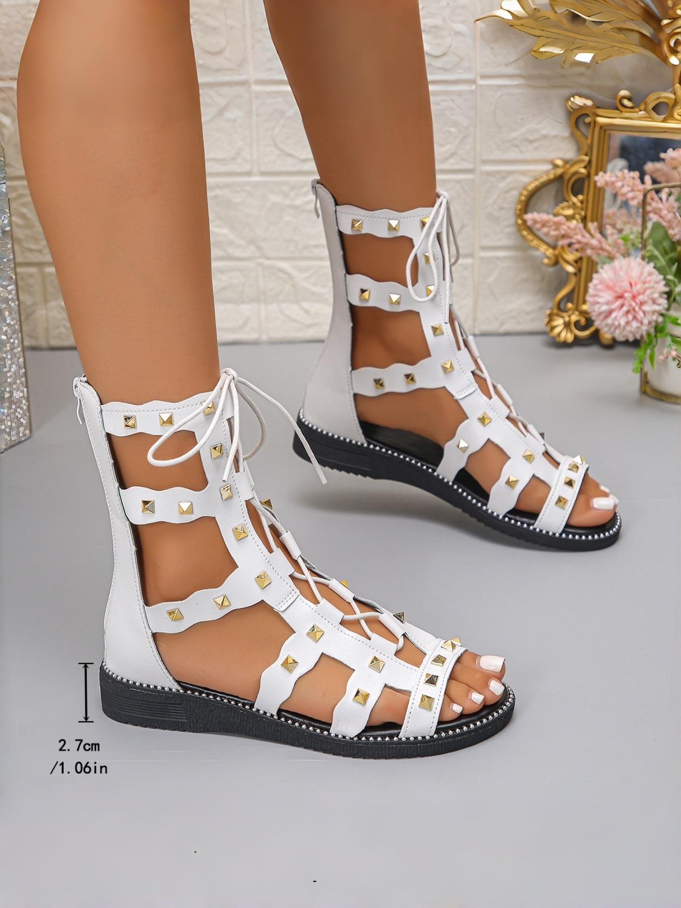 Women's High-Top Roman Gladiator Sandals, Studded Lace-Up Cutout Flat Ankle Boots, Summer Outdoor Beach Shoes