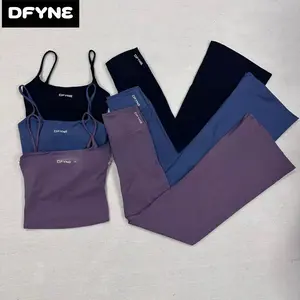 DFYNE Buttery Soft 2 Piece Workout Set for Women - Strappy Sports Bra and High Waisted Flat Waist Flare Pants Matching Yoga Outfit