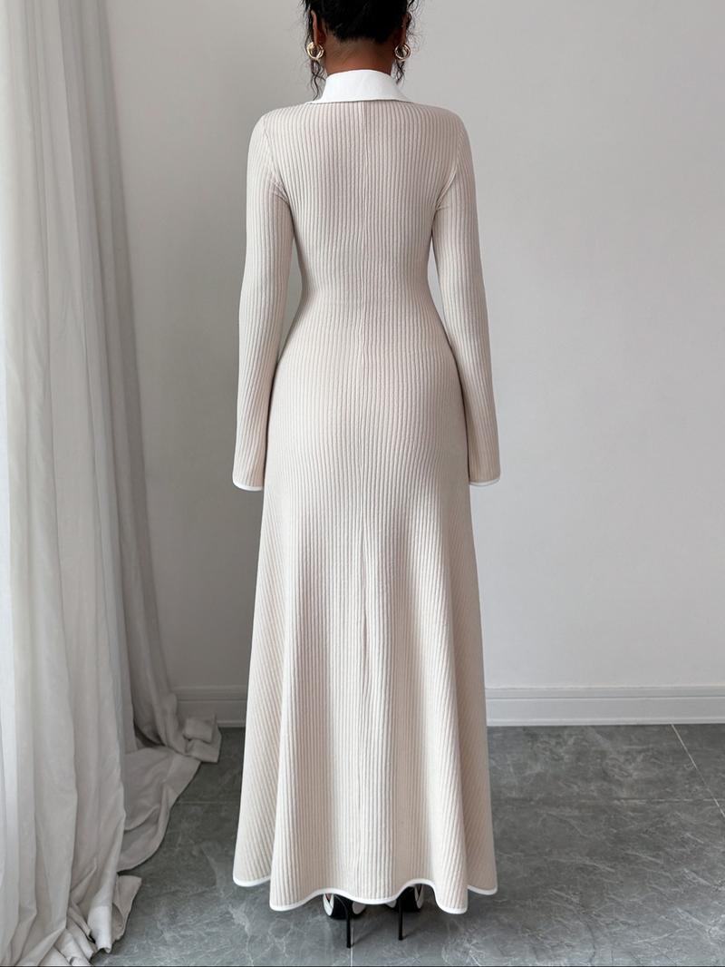 Fashion Elegant Shirt Collar Waist Cinched Long Sleeve Dress, Fitted Plain Design for Fall & Winter, Women's Stylish Clothing