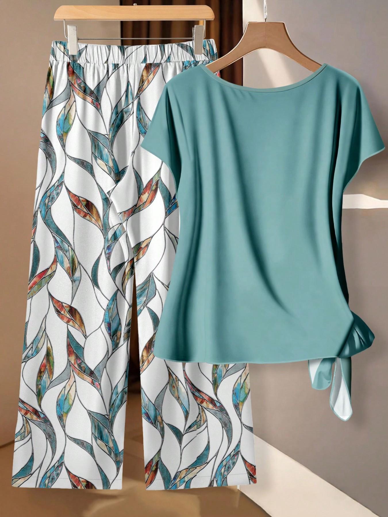 Women's Casual Printed Necktie Shirt and Loose Straight Pants Set, Perfect for Spring and Summer, Comfortable Two-Piece