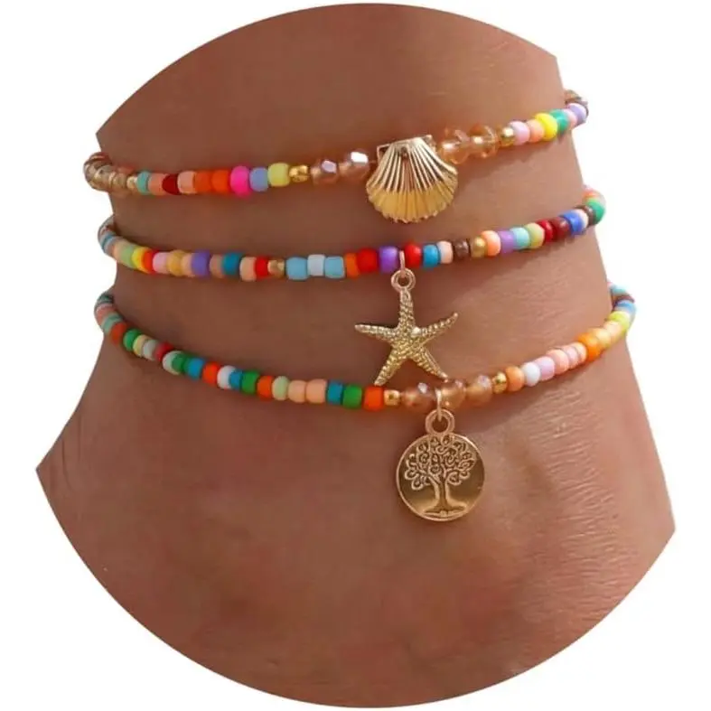 Fesciory Beaded Ankle Bracelets for Women, Boho Shell Anklet Set with Starfish Conch Seashell, Adjustable Hawaiian Summer Beach Foot Jewelry Fashion Gift