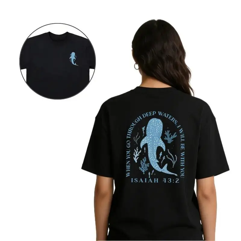 Men's Cotton Seamless Short-Sleeve Round Neck Top - Unisex Double-Sided Whale Christian Tee, Isaiah 43:2 "When You Go Through Deep Waters I Will Be With You" Ocean Faith Casual (Black & White)