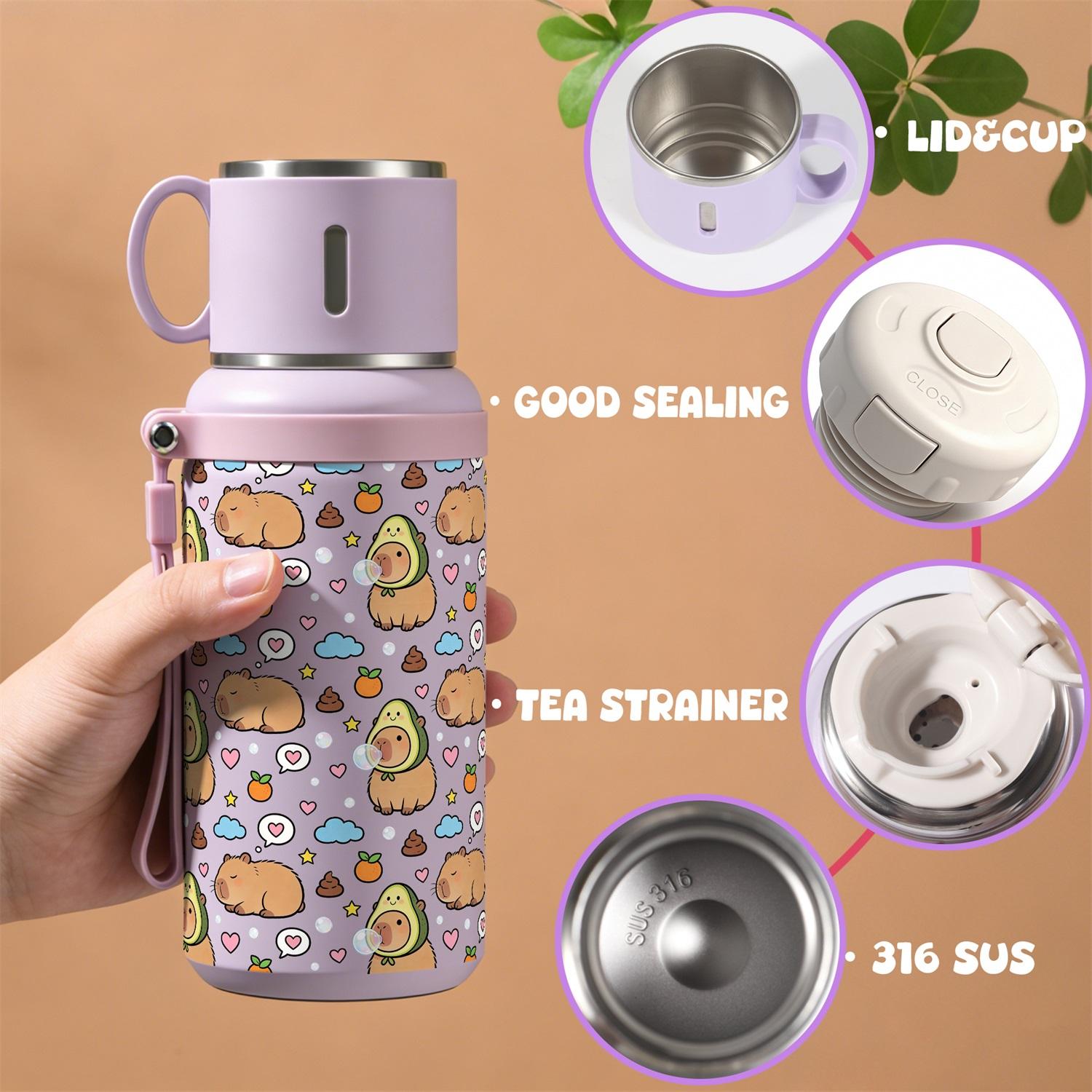 1PC, 20oz Insulated Stainless Steel Water Bottle, Vacuum Flask with Cup Lid That Doubles as Handle Cup, Double Wall Insulated Travel Mug, Portable for Camping, Hiking, School & Office, Cute Capybara Pattern, Ideal