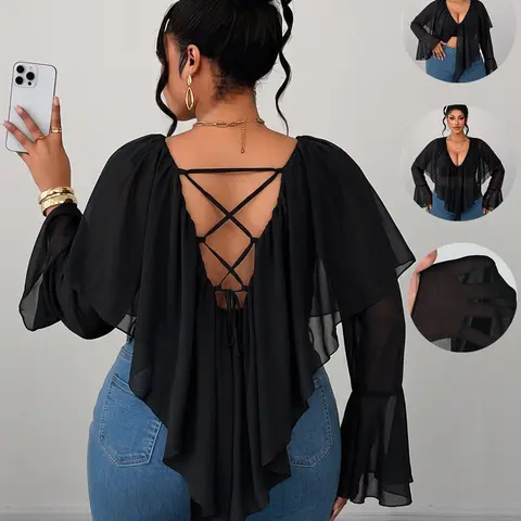 Plus Size Deep V Cape Long Sleeve Shirt, Bell Sleeve Design, Back Cross Tie, Asymmetrical Hem, Spring Fall Fashion, Perfect for Dates Parties Women