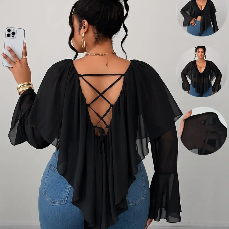 Plus Size Deep V Cape Long Sleeve Shirt, Bell Sleeve Design, Back Cross Tie, Asymmetrical Hem, Spring Fall Fashion, Perfect for Dates Parties Women