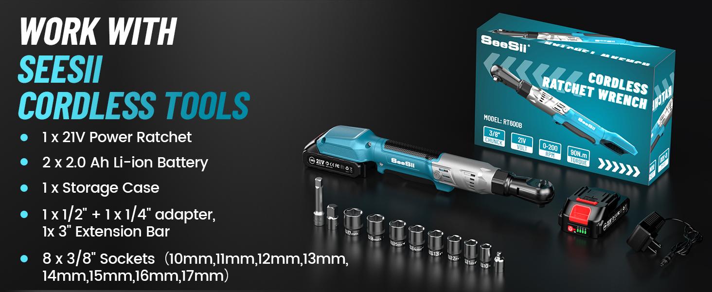 SEESII 21V Cordless Electric Ratchet Wrench Set - 90N.m (66Ft-lbs) Torque, 3/8", 200RPM, Variable Speed Trigger, 2x 2.0Ah Batteries & Charger, 8 Sockets, Adapters & Extension Bar, Black Friday Deals