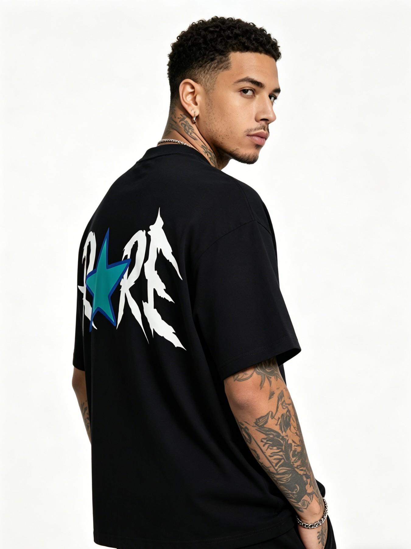 Men's Rare Star Print Cotton T-Shirt, Casual Loose-Fit Short Sleeve, Streetwear Fashion, Long Length, No Zipper or Button, Letters Pattern