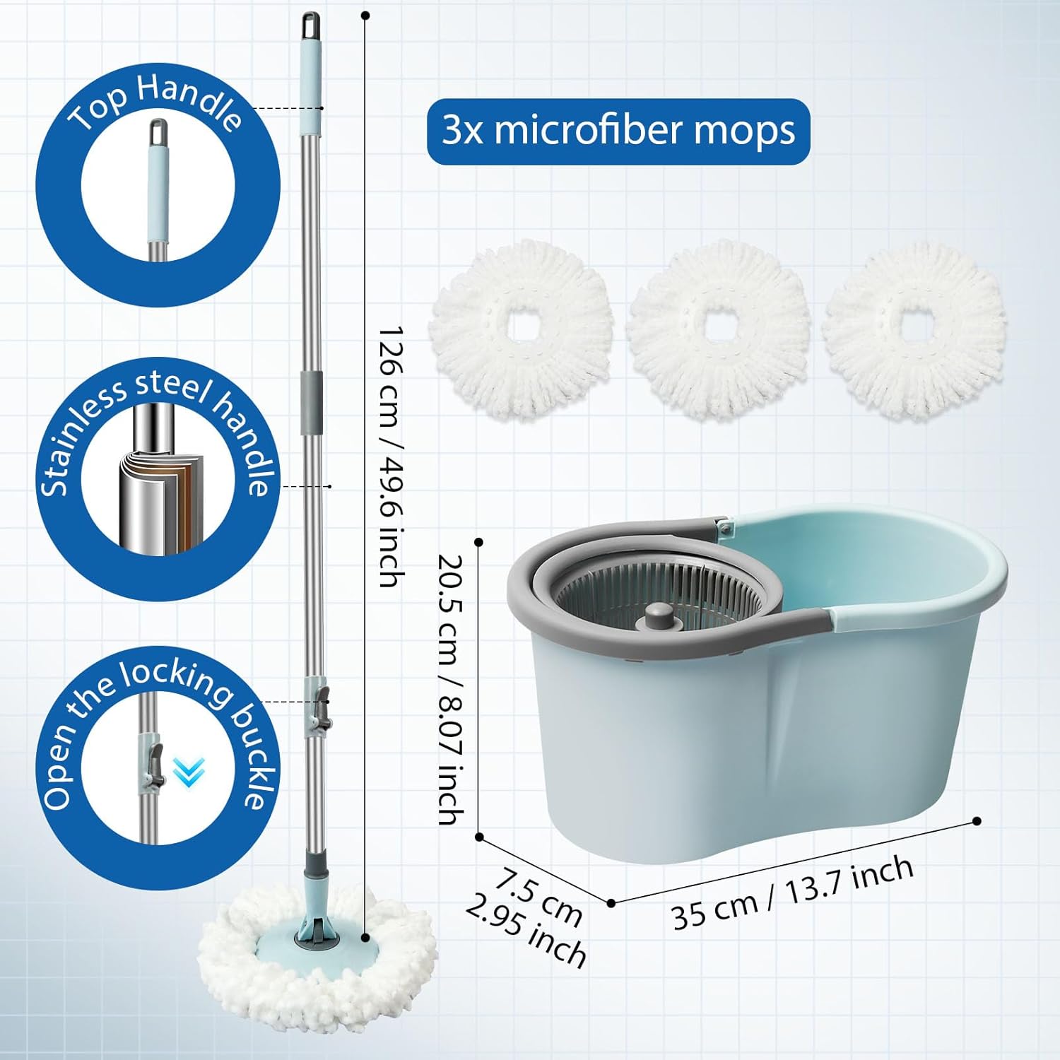 Spin Mop and Bucket with Wringer Set, 360° Spinning Mop Bucket System with 3 Microfiber Mop Replacement Heads, Adjustable Handle for Floor Cleaning