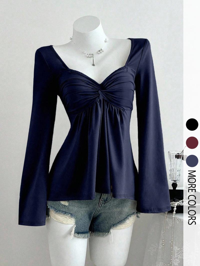 Women's casual V-neck long-sleeved T-shirt with knotted front, a versatile new style, suitable for casual and formal office commuting occasions.