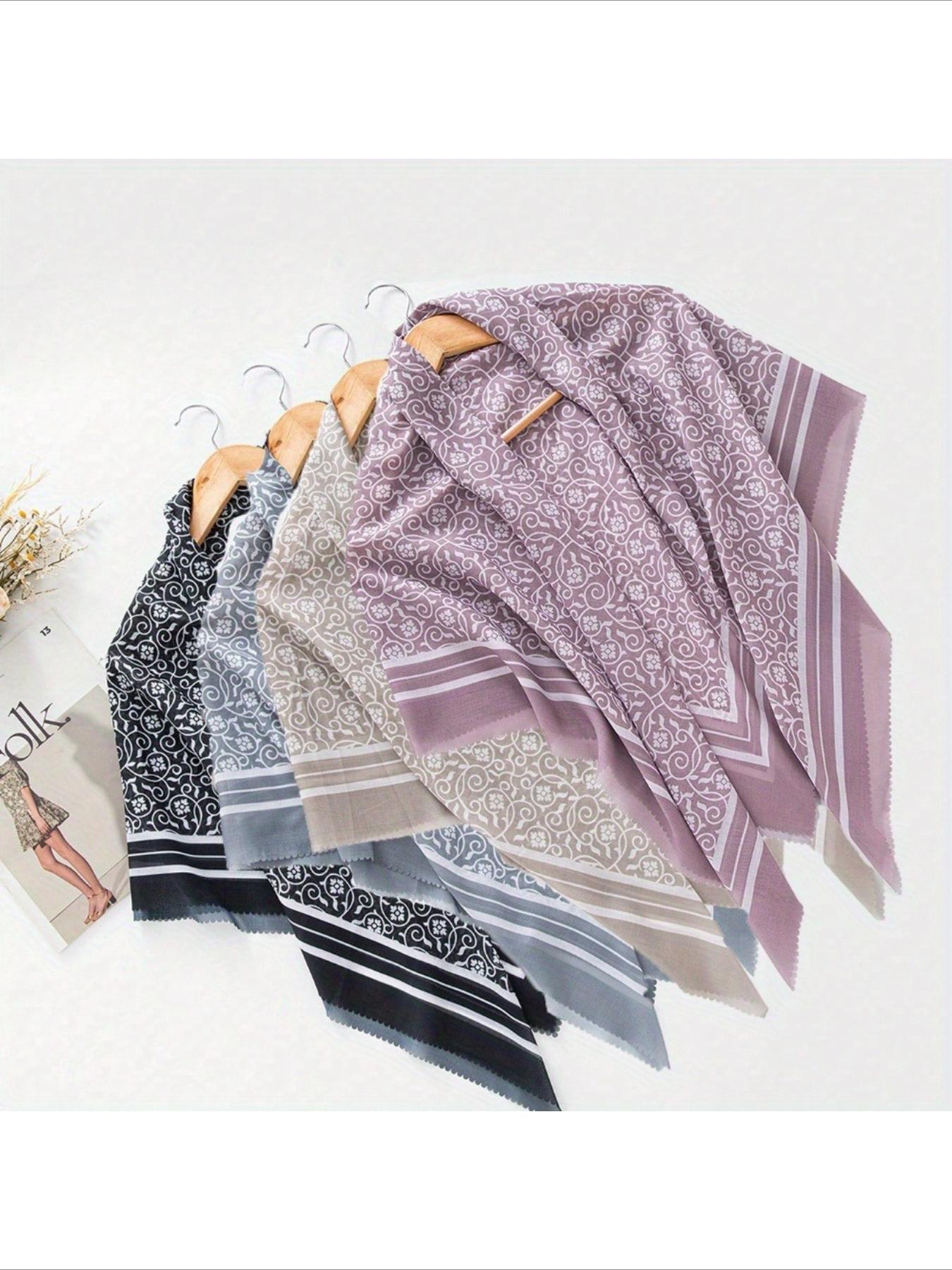 1pc 110*110cm Laser Cut Edging White Dainty Floral Print Large Square Bandana, New Bohemian Style Linen Soft Light Breathable Wavy Hem Head Wrap Hijab Shawl Floral Combination Print Balinese Chiffon Square Bandana Shawl