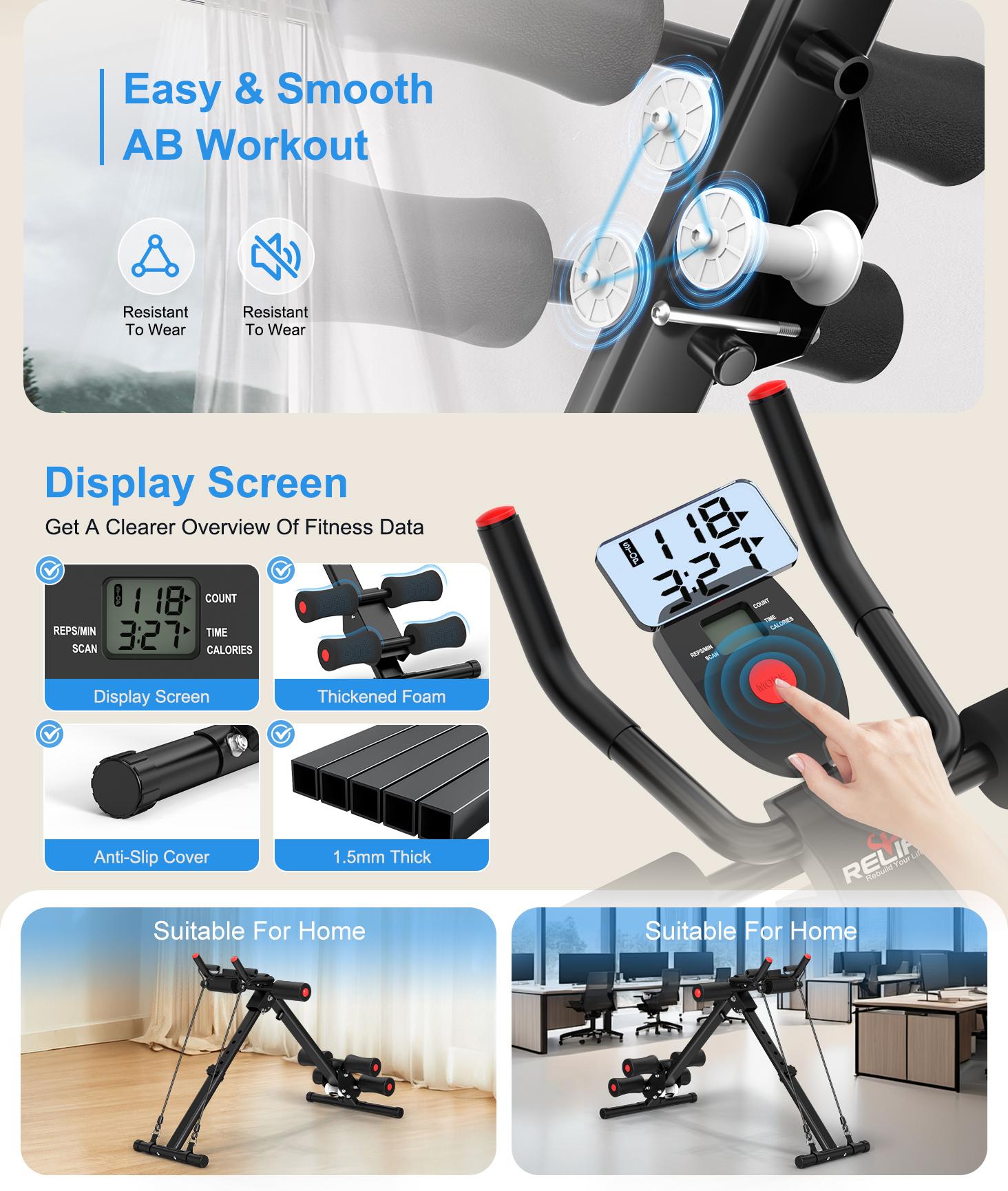 Relife Sports Adjustable Foldable Ab Trainer Machine with LCD Monitor | Home Gym Core, Abs & Waist Shaper | Knee Protection & Resistance/Elastic Bands | Arm, Leg & Buttocks Workout Equipment | Beginner-Friendly