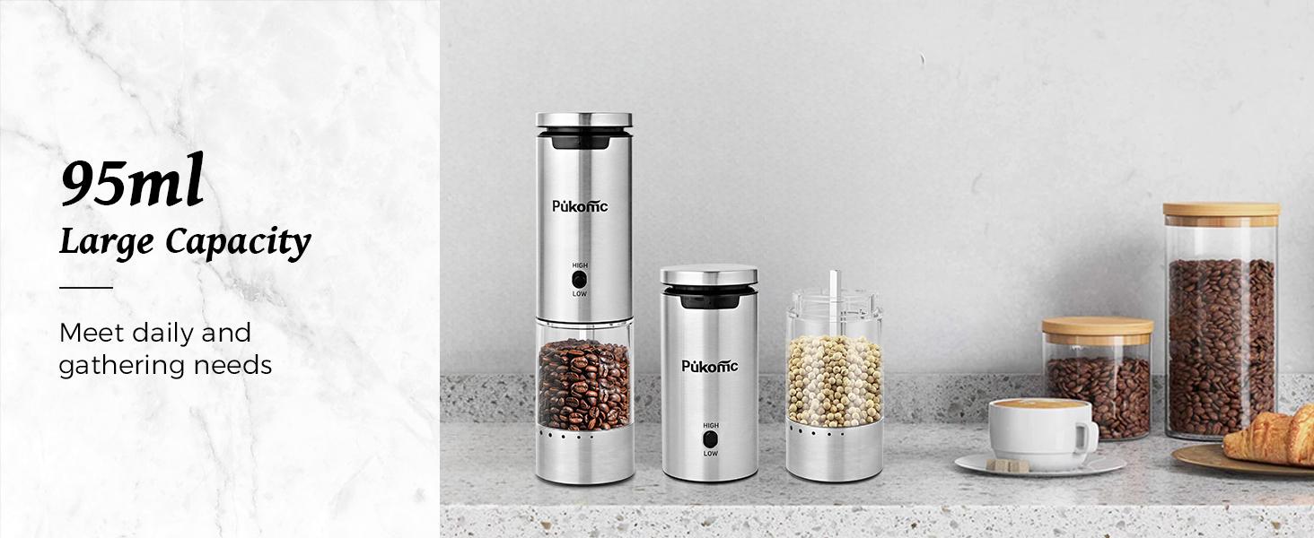 Pukomc Smart Electric Grinder Set, 6 adjustable levels, rechargeable LED base, one-handed operation, easy to clean, with 12 refills & accessories