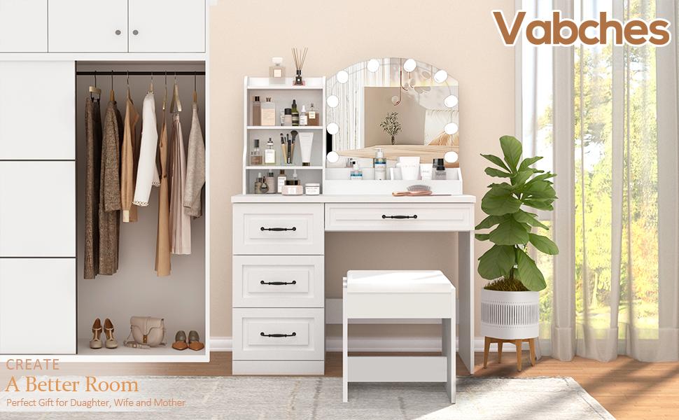 Vabches Makeup Vanity Desk with Lights and Charging Station, White Vanity Set Makeup Table with 4 Drawers Lots Storage, 3 Lighting Colors, Large Size 39.4in(W)