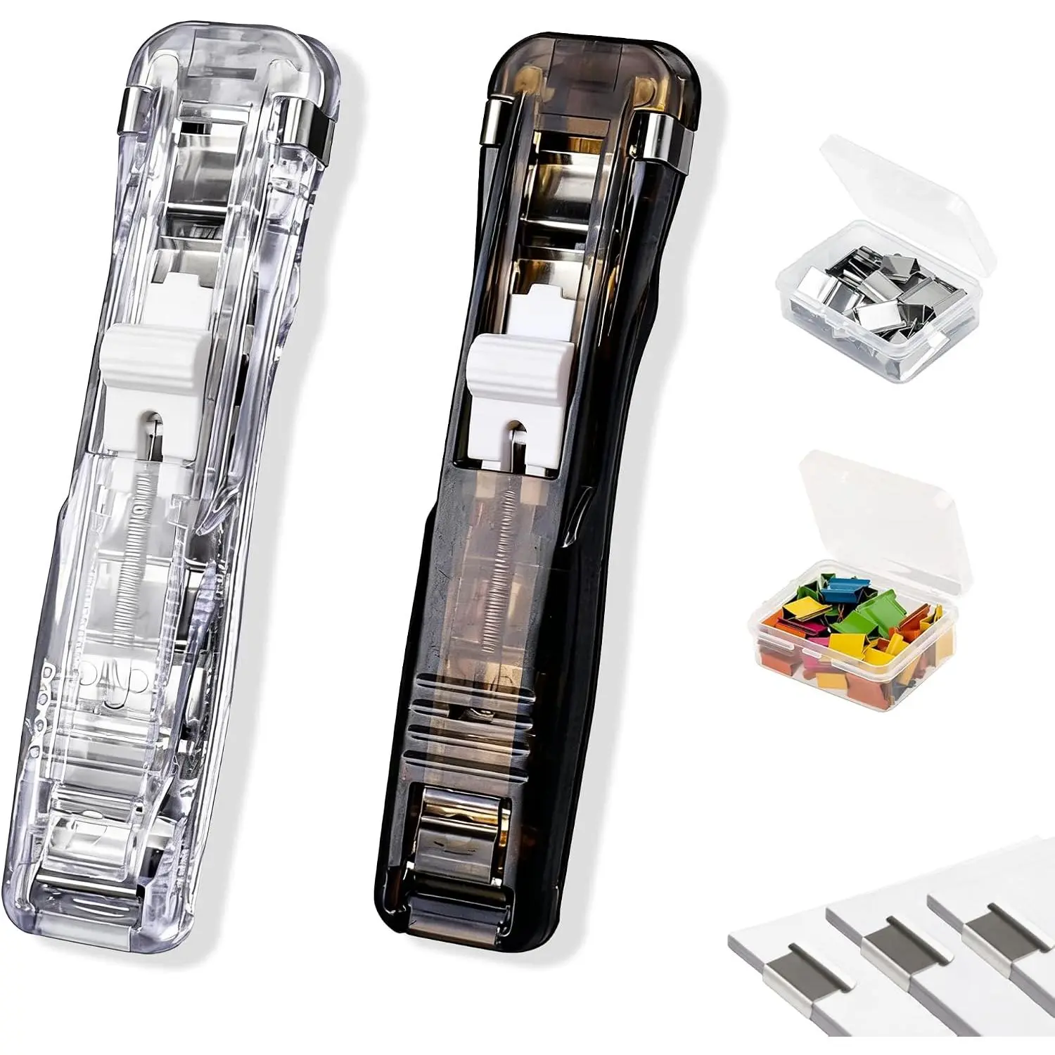 Portable Binder Clip Stapler, 2 Pack -Free & No-Hole Paper Clamp Dispenser with 100 Metal Clips, Handheld Stapleless Stapler for Office  School Document Organization