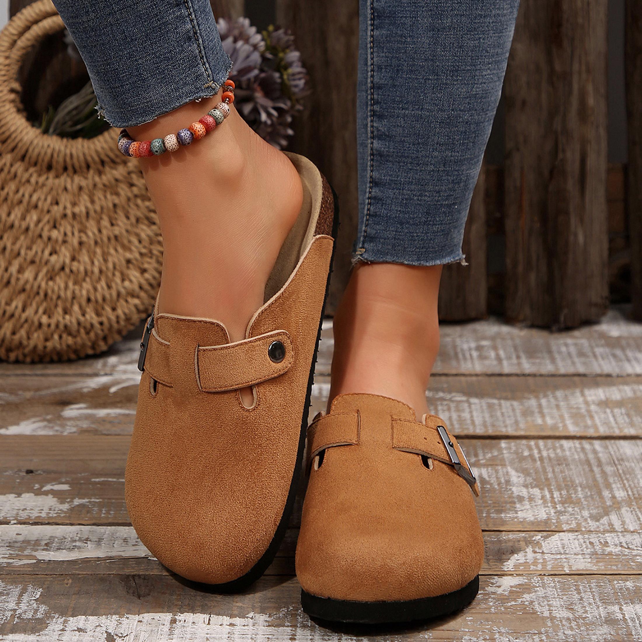 Suede Clogs for Women and Men - Adjustable Buckle Slip-on Cork Footbed Mules with Antislip Sole - Unisex Slippers Brown Springfresh Cork Platform Shoes Summer Vibes